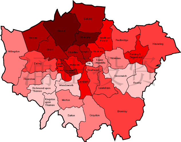 伦敦各行政区盗窃案风险分布图