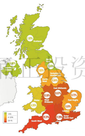 图为BNP预测的英国房价未来走势，伦敦所在的英国南部明显高于北部