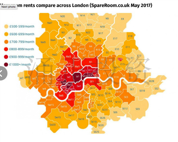 2017年5月，伦敦不同地区的租金情况，颜色越深租金越高